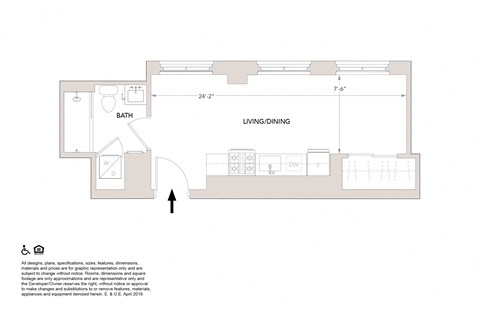 Floor plan for studio, 1 bath, 406 sqft